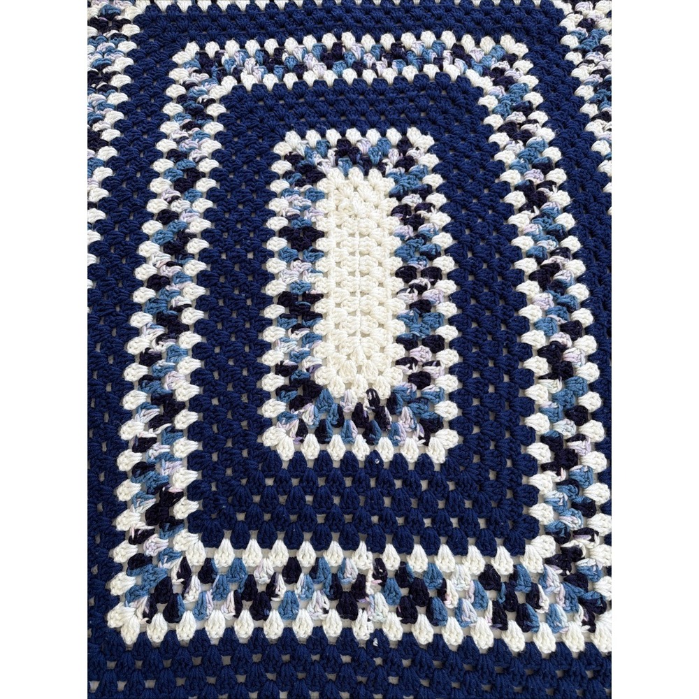 Vintage Hand Crochet Blue/white Small Throw Blanket 48in X 37in GWB002 - Picture 2 of 10